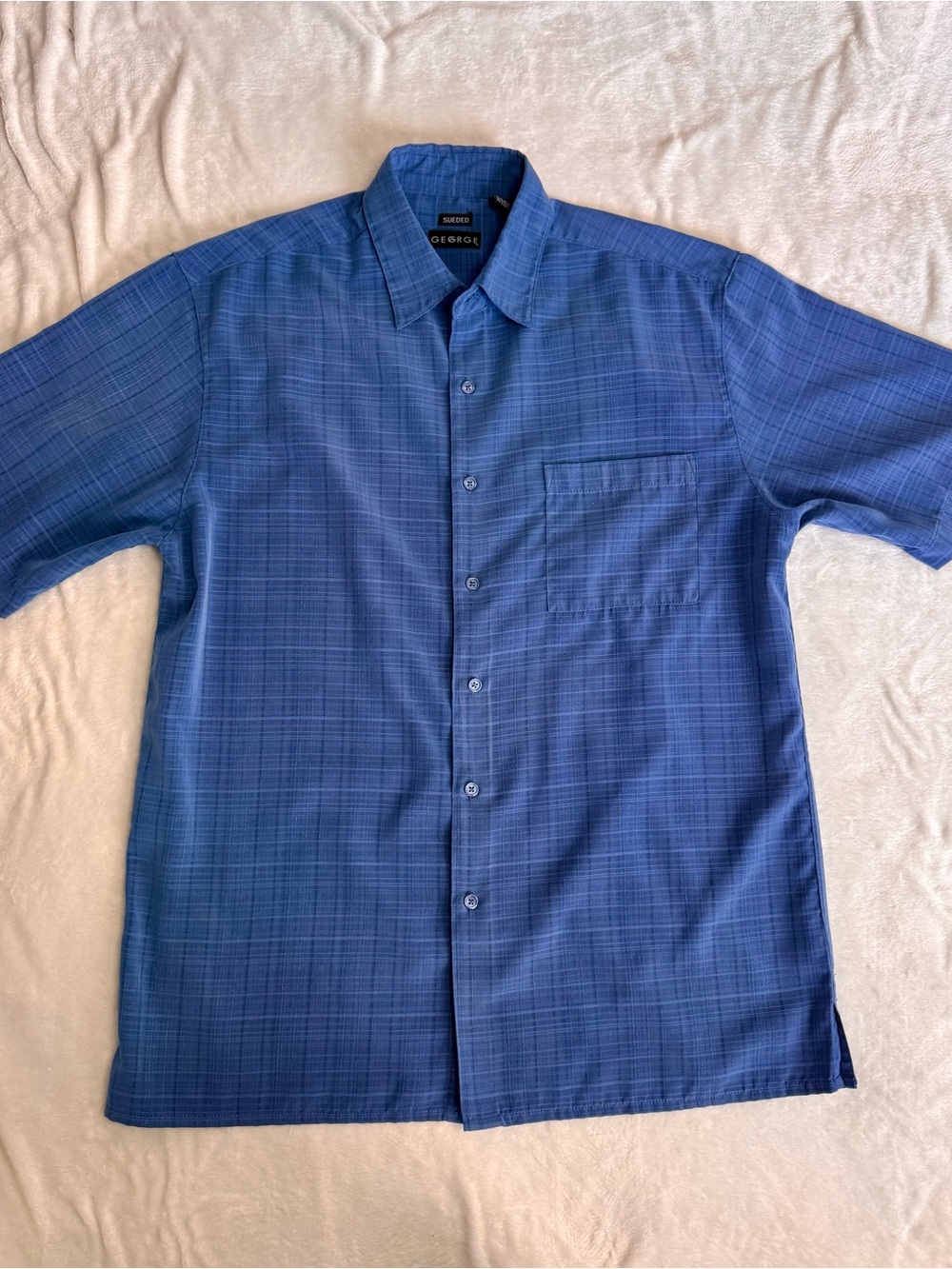 George Sueded Men's Button-Up Short Sleeve Shirt in Blue Plaid